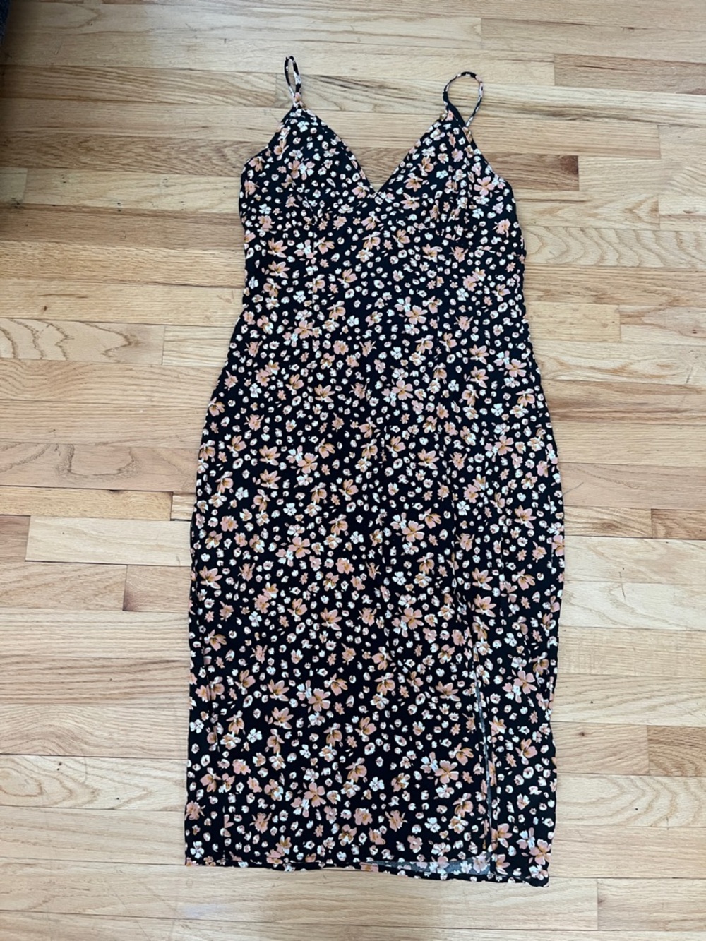 SHEIN Black Midi Slip Dress with Peach Floral Print